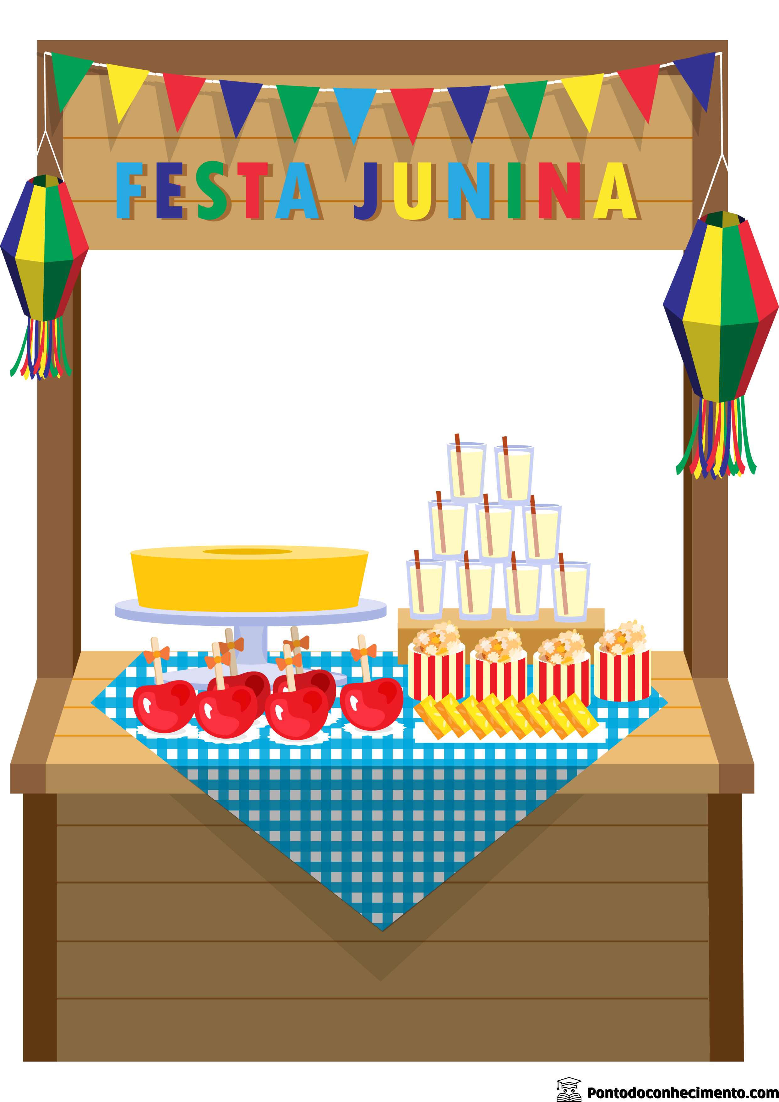 Painel festa junina educação infantil barraquinha de festa maçã do amor, bolo, pipoca