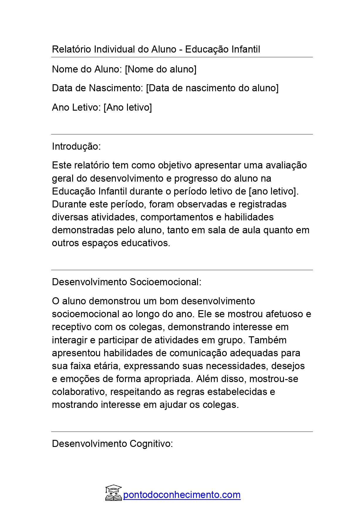 Relatório Individual do Aluno Educação Infantil: Relatório modelo 01
