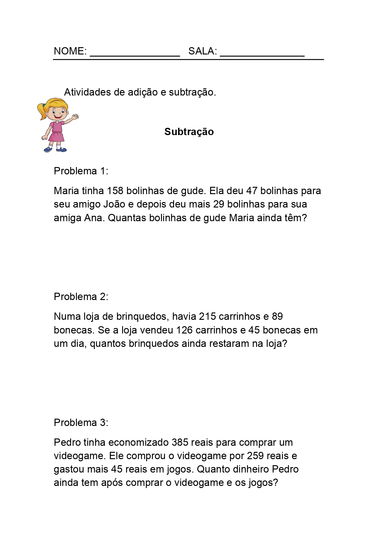 Atividades de adição e subtração para 3 e 4 ano