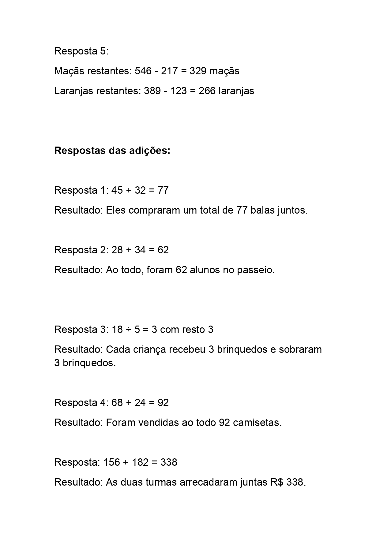 Atividades de adição e subtração para 3 e 4 ano