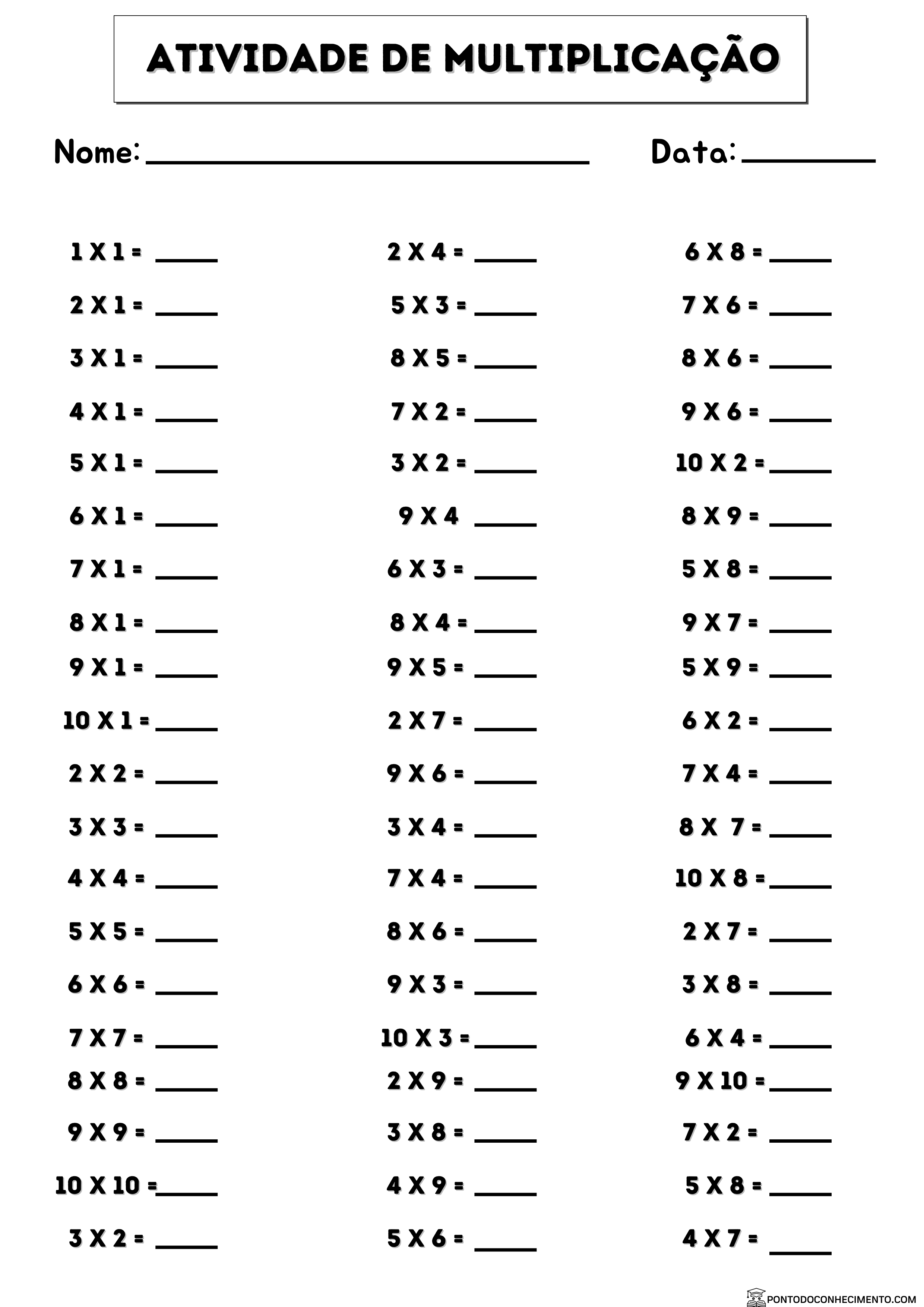 Jogo da Multiplicação com gabarito pronto para imprimir - Ponto do  Conhecimento