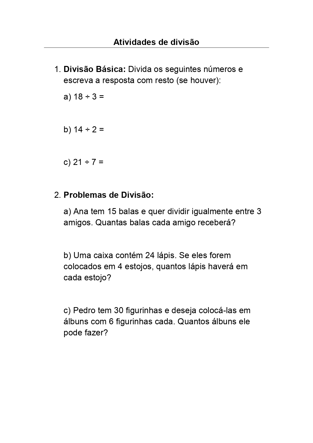 Atividades de matemática: Divisão - Ponto do Conhecimento