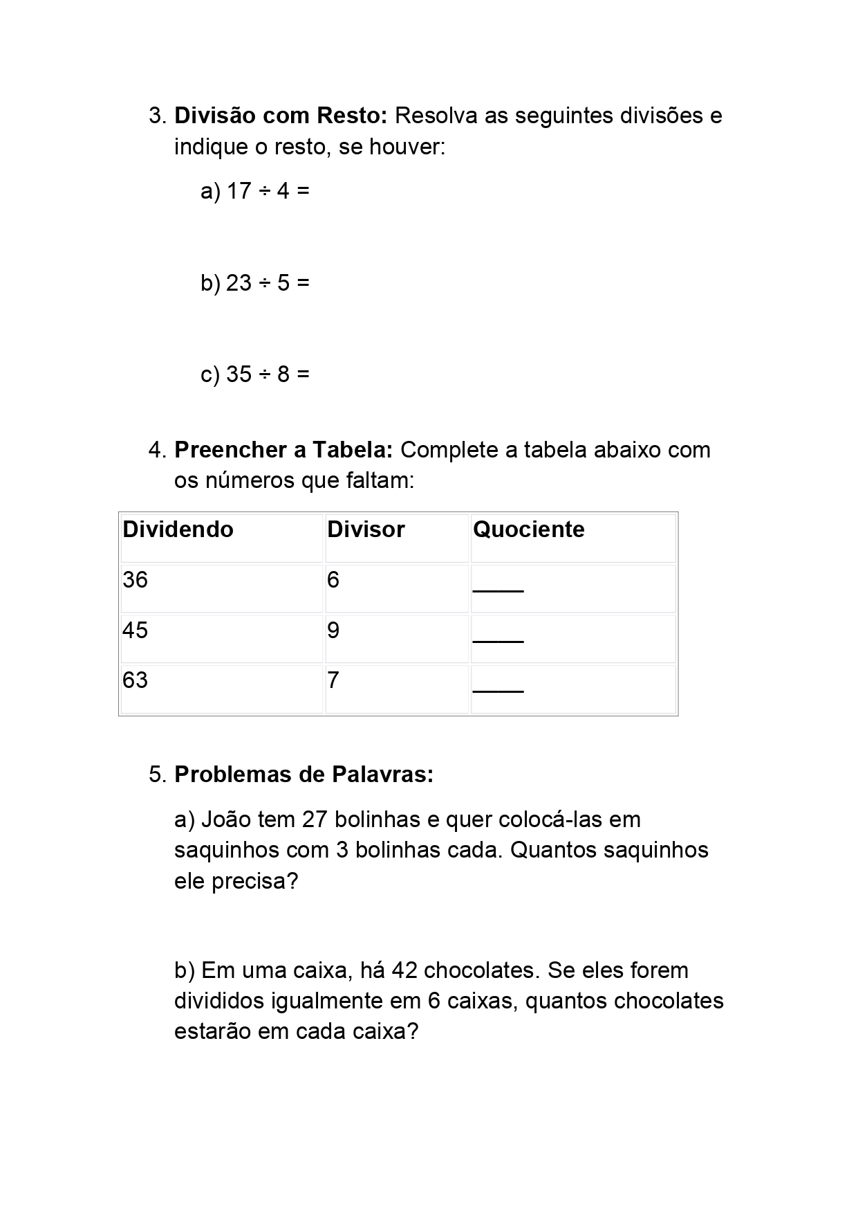 Atividades de Matemática – 3º Ano – Multiplicação e Divisão