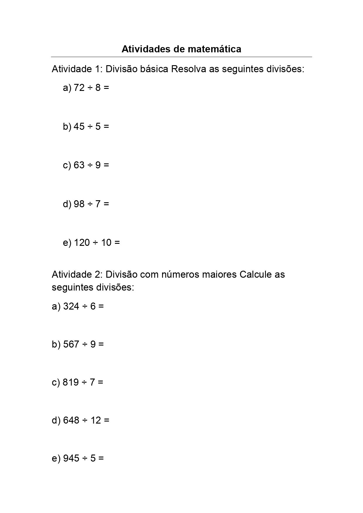 Atividades de matemática: Divisão - Ponto do Conhecimento