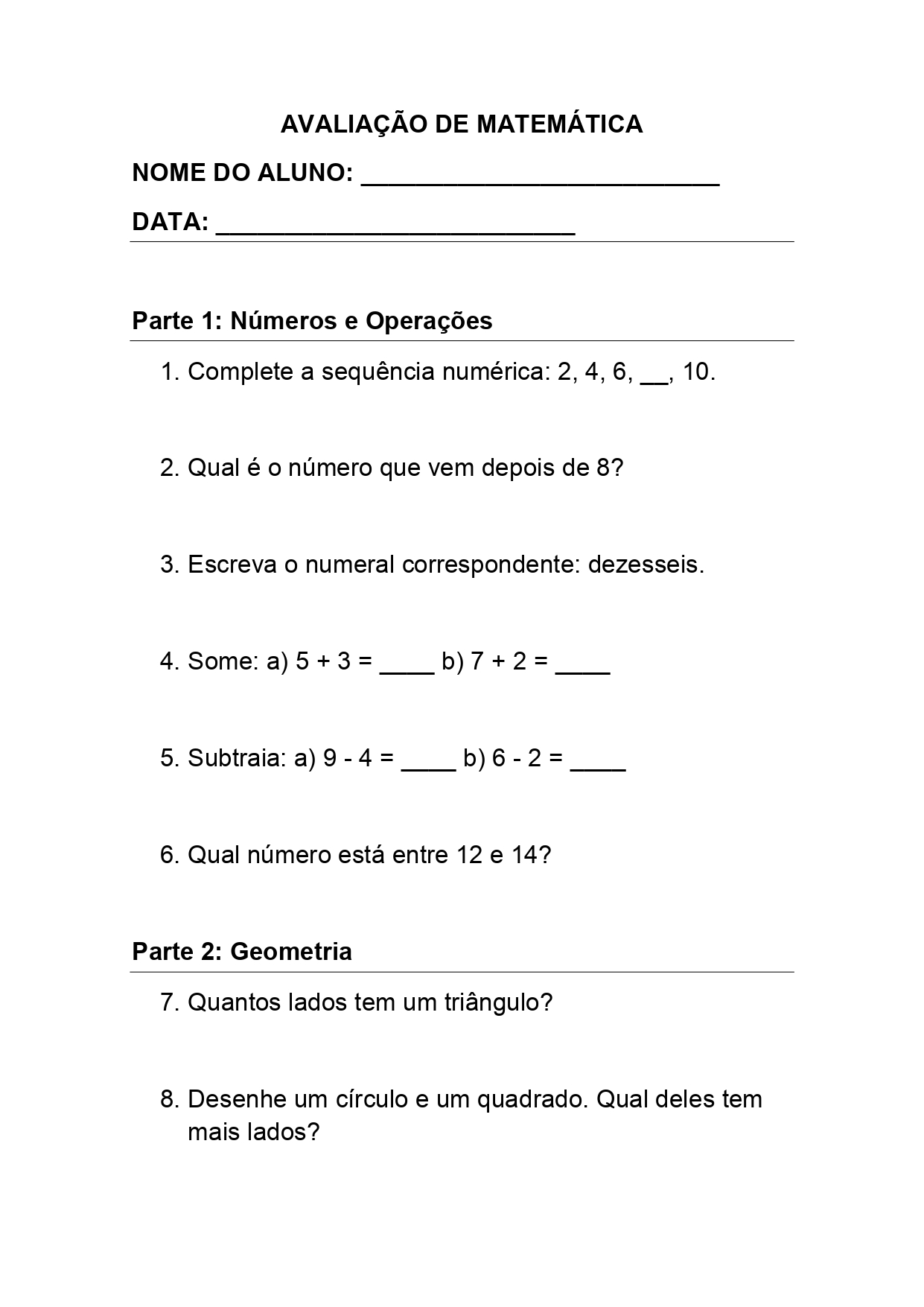 Avaliação de Matematica 2º ano