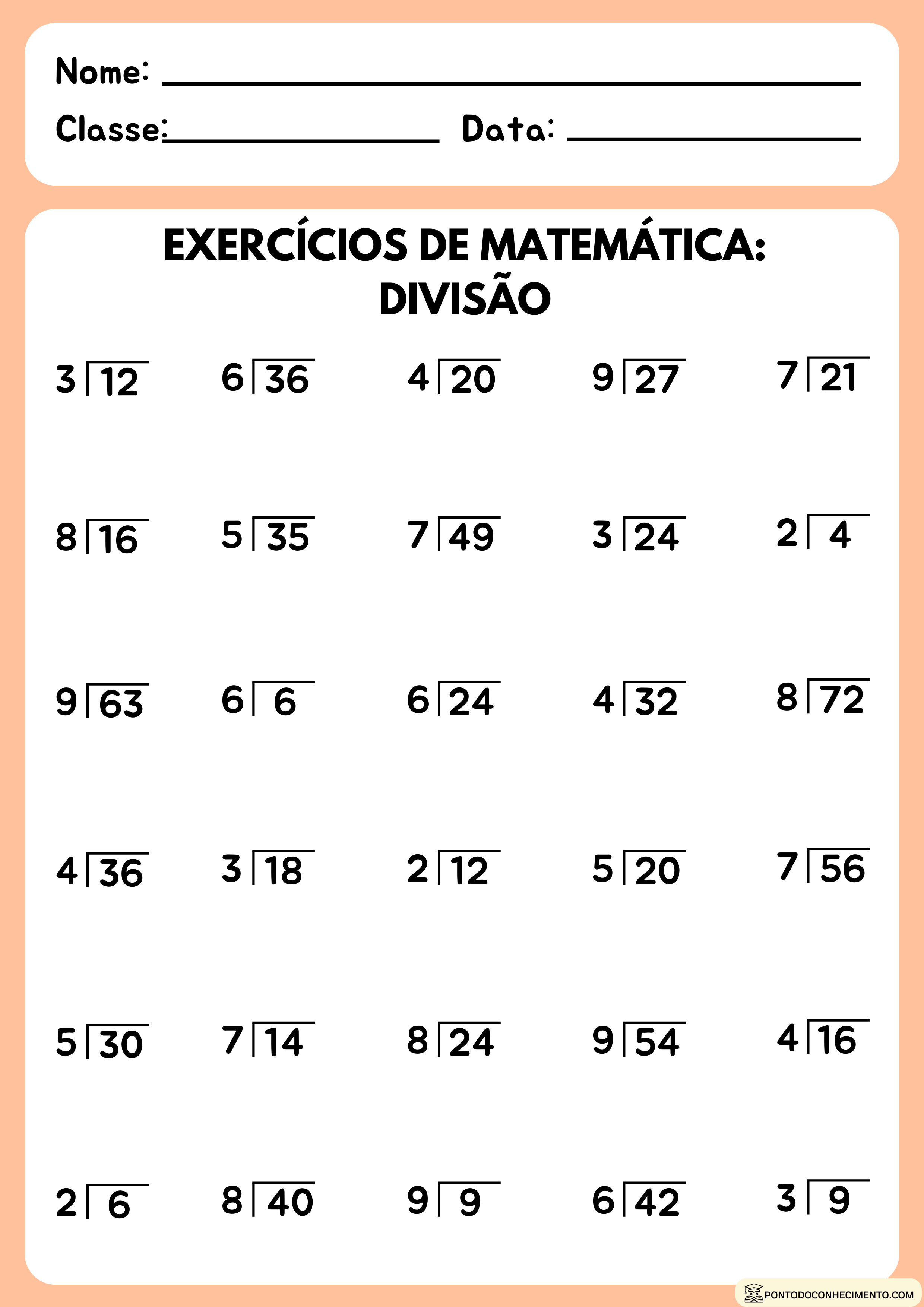 Atividades de matemática: Divisão - Ponto do Conhecimento