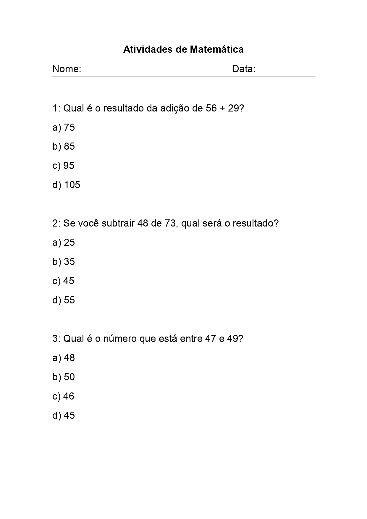 Atividade de Matemática 4° Ano Questões de Múltipla Escolha com