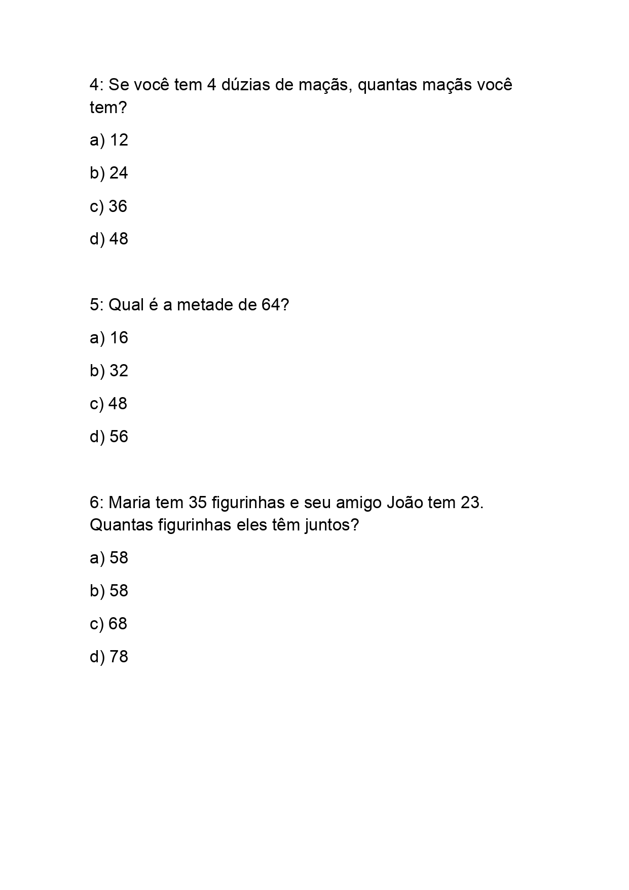 Atividade de Matemática 4° Ano Questões de Múltipla Escolha com