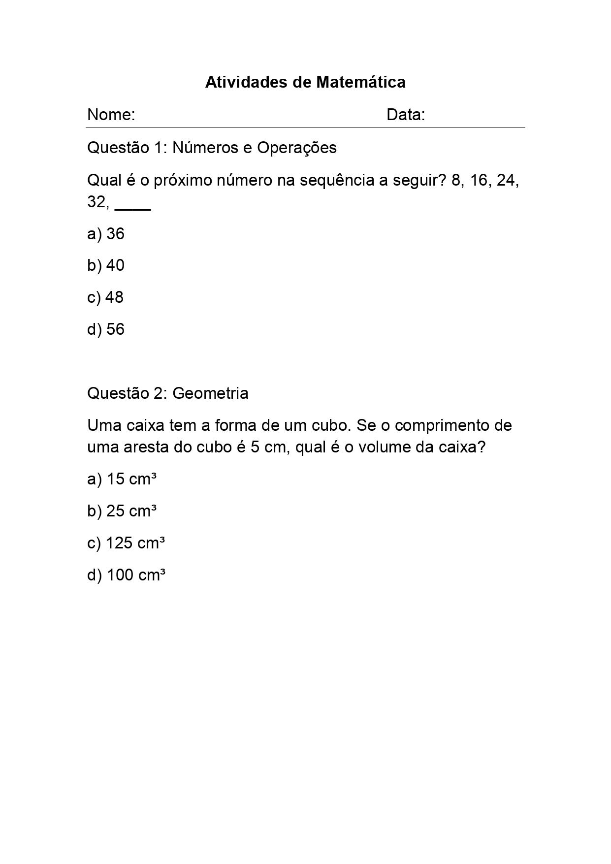 Atividades de Matemática para o 5º Ano do Ensino Fundamental