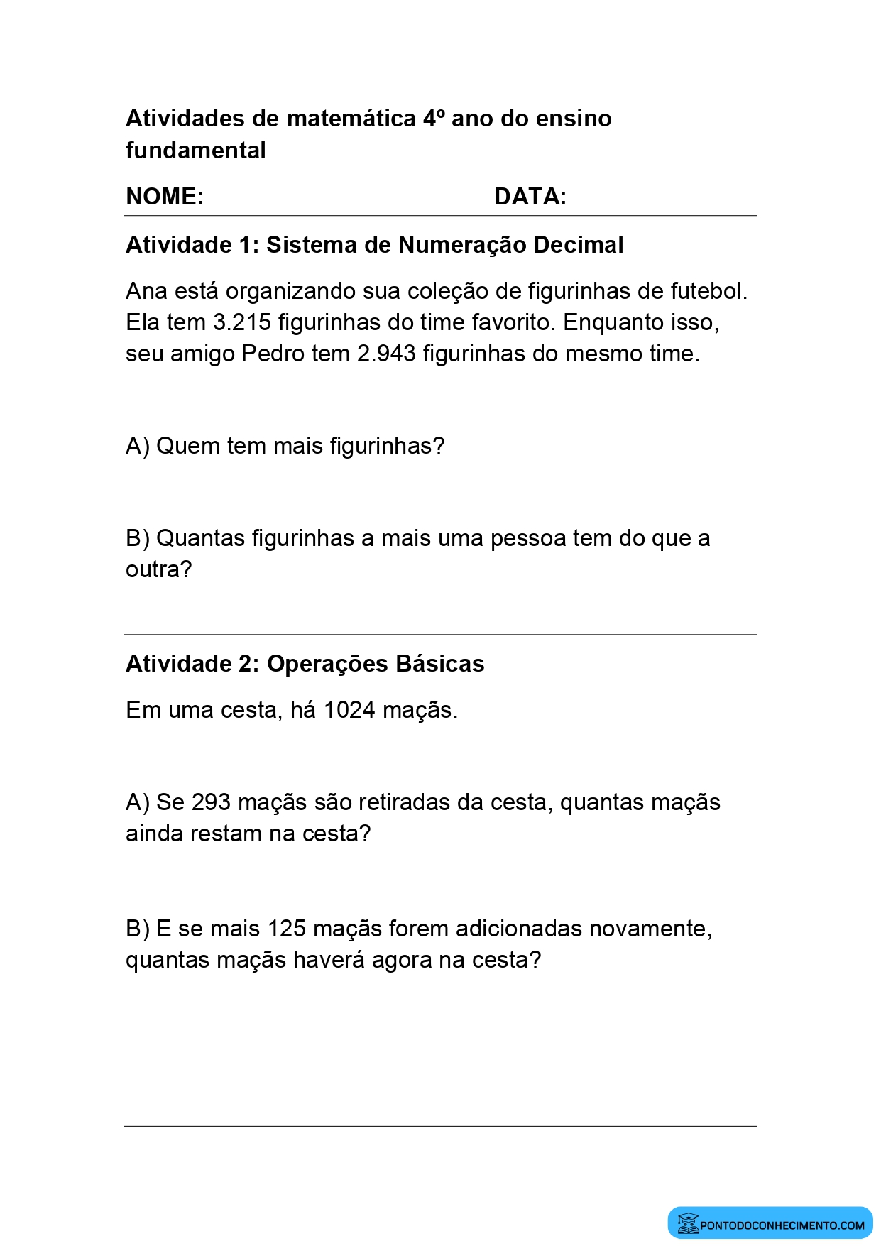 Atividade de matemática - as Quatro Operações Básicas - 4º ano – 5° ano -  Com gabarito