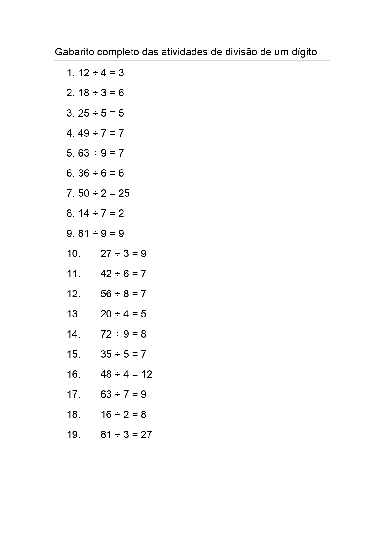 Atividades de matemática: Divisão - Ponto do Conhecimento