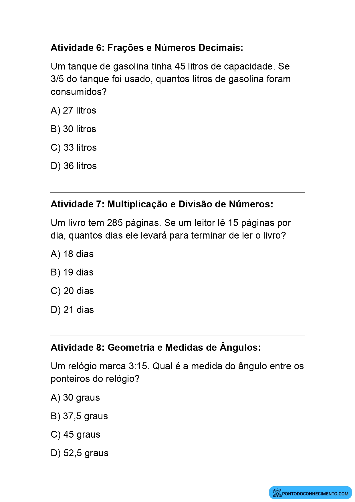 Atividades de Matemática – 5º Ano – Multiplicação e Divisão