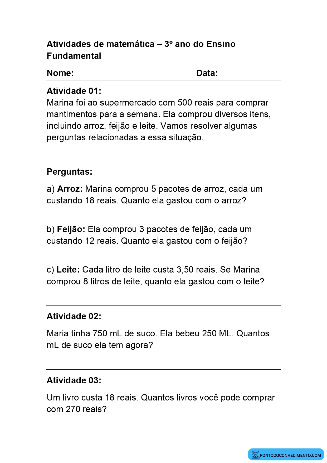 Atividade de Matemática para o 3º ano do Ensino Fundamental