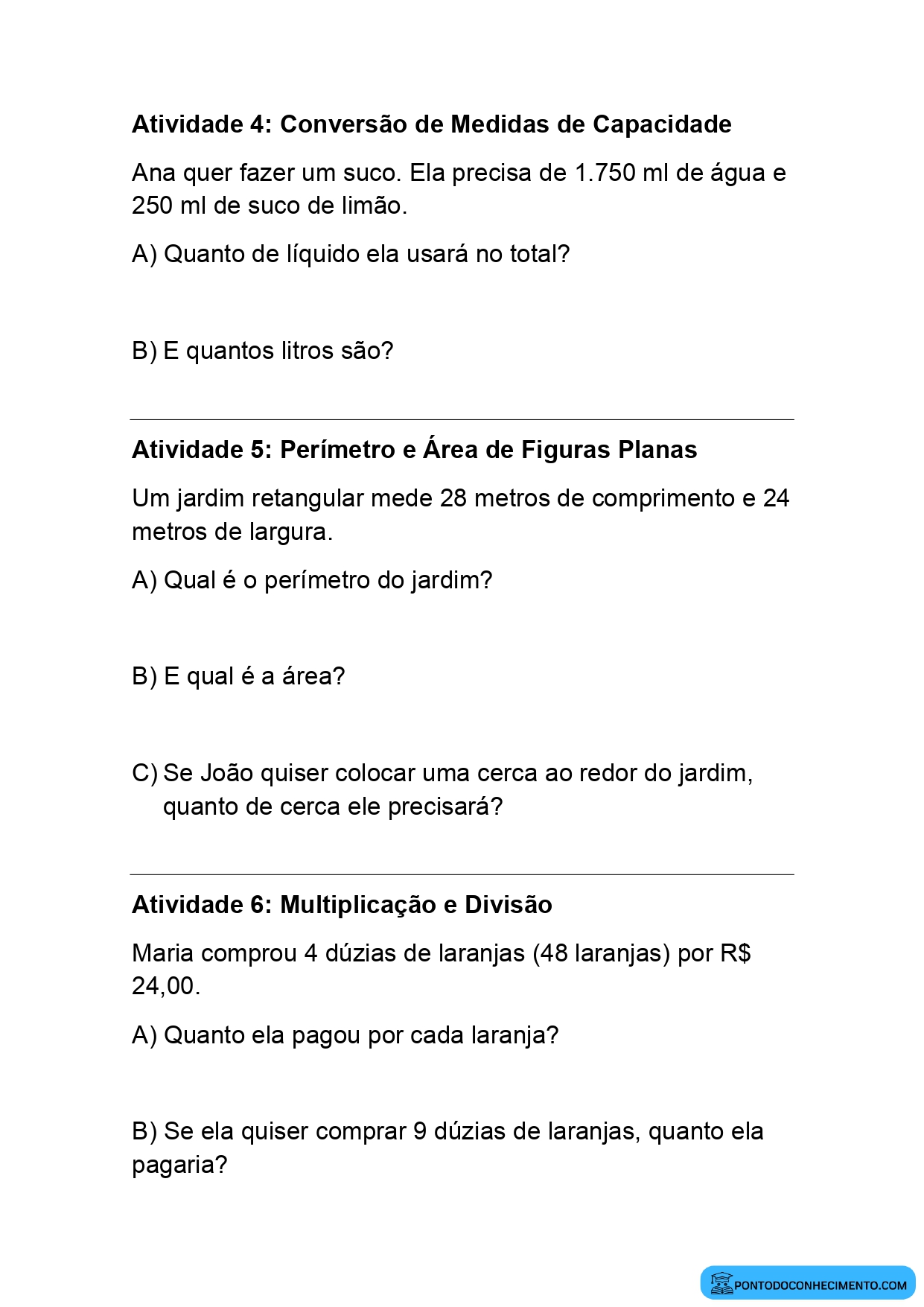 Atividade de Matemática para o 5º Ano com Problemas