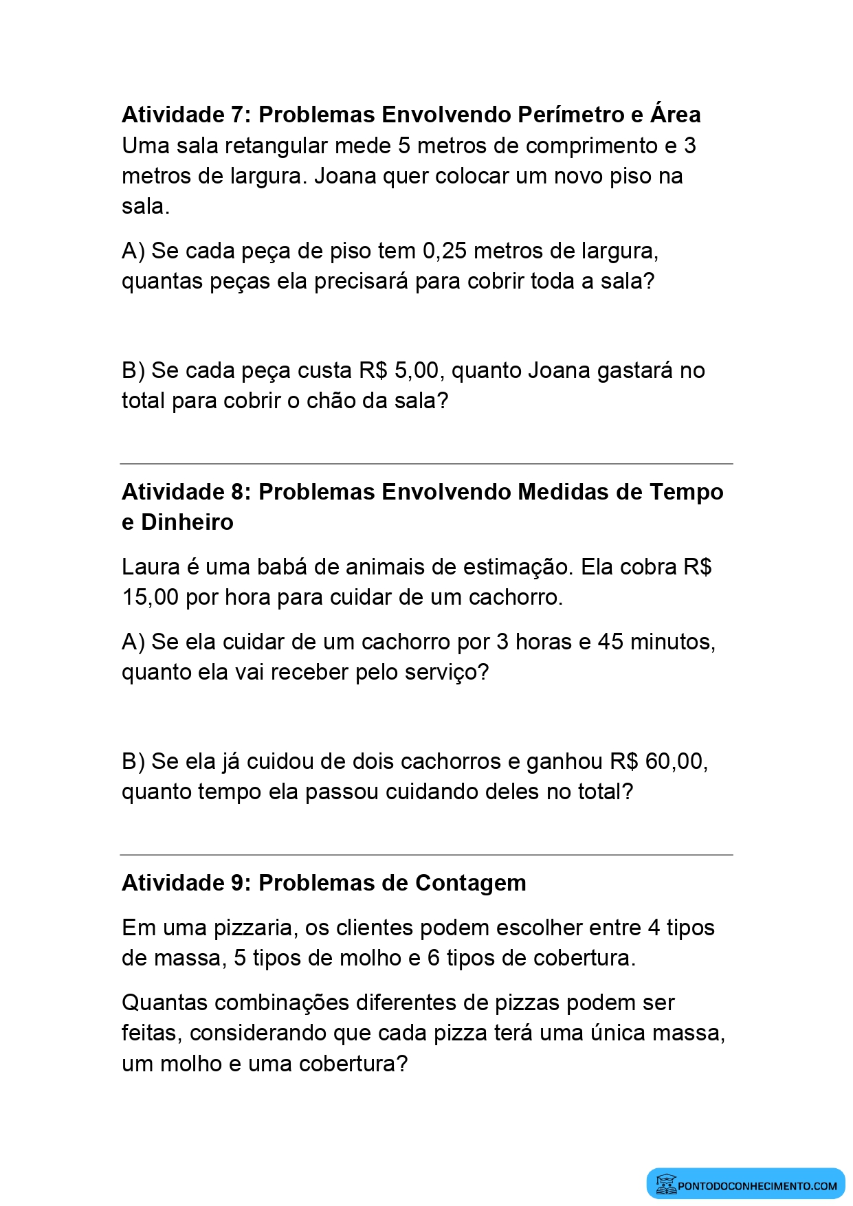 Atividade de Matemática para o 5º Ano com Problemas