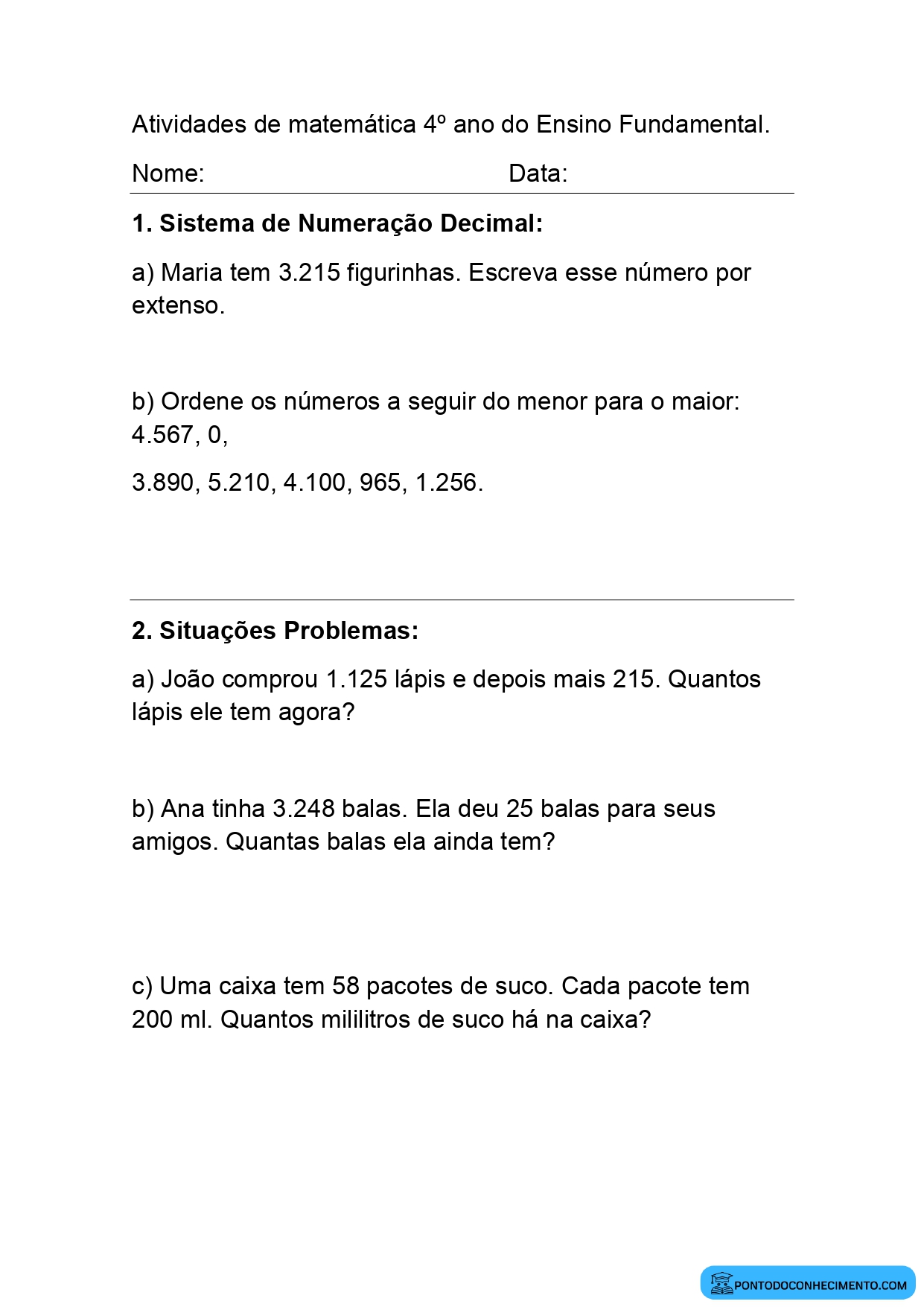 Atividades de Matemática para o 4º Ano – Adição e Subtração