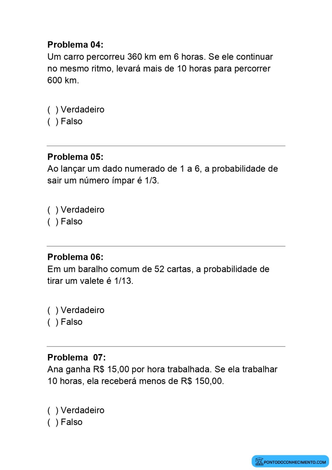 Atividade de matemática verdadeiro ou falso para o 5º ano do ensino