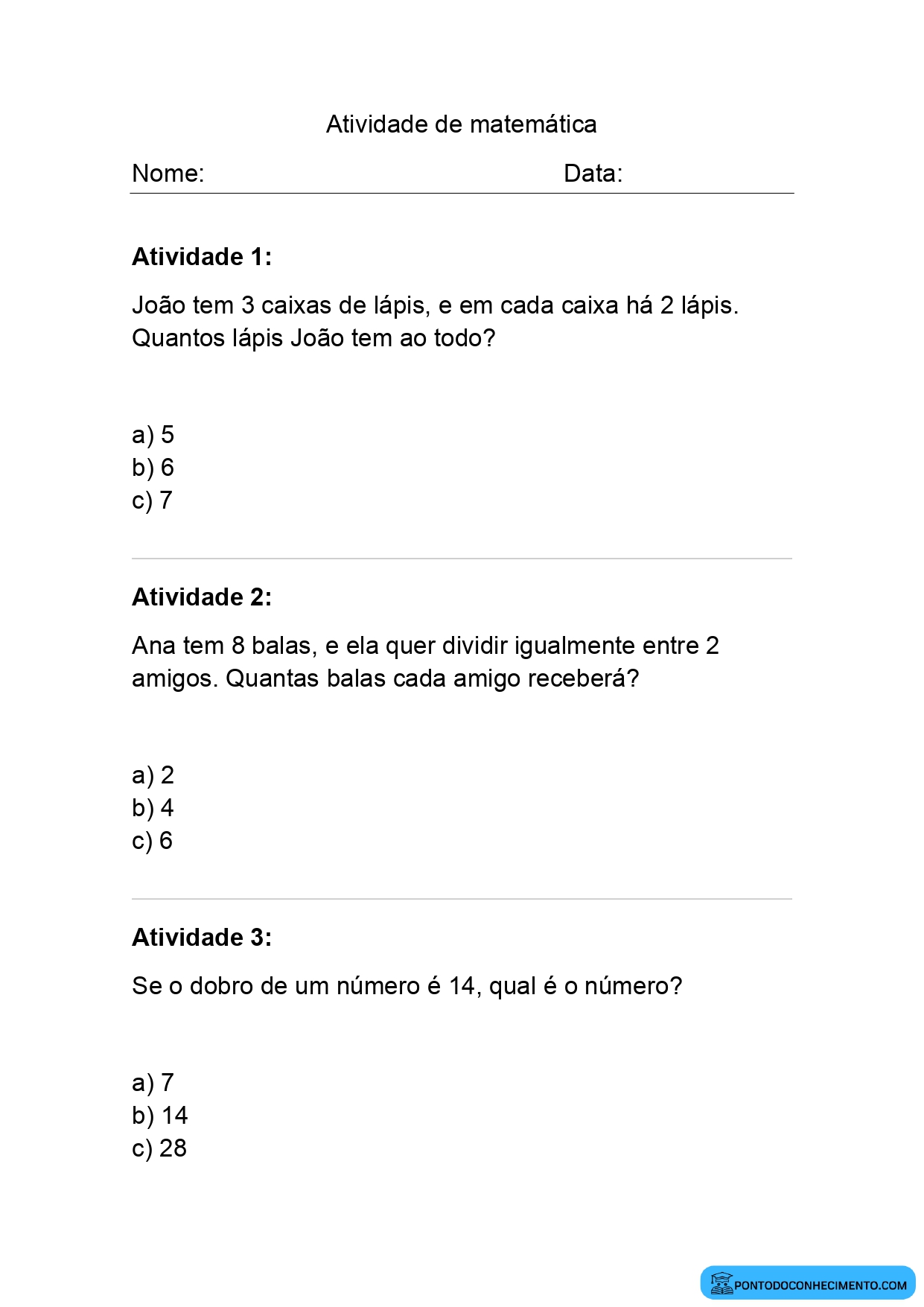 Atividades de Matemática 3° Ano para Imprimir