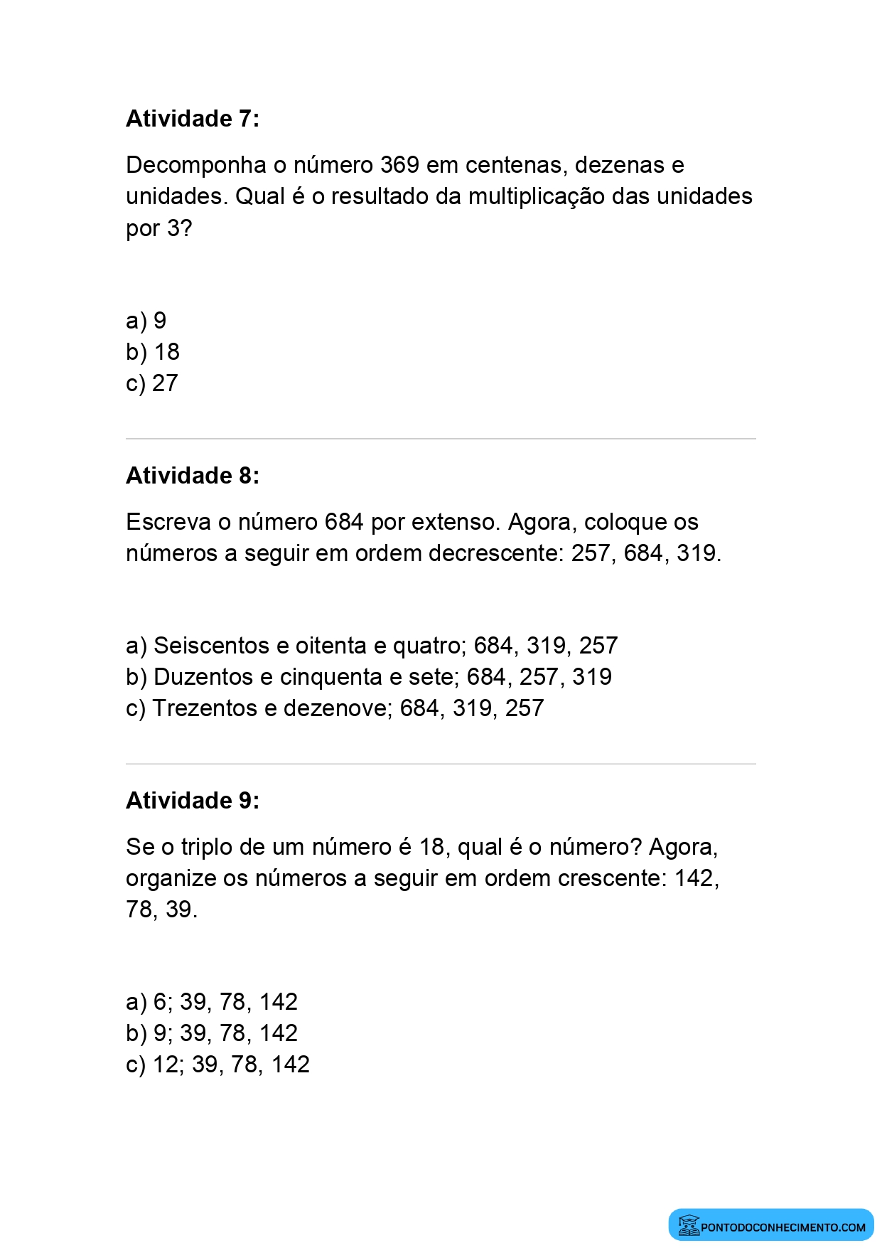 Atividade de matemática 3º ano números