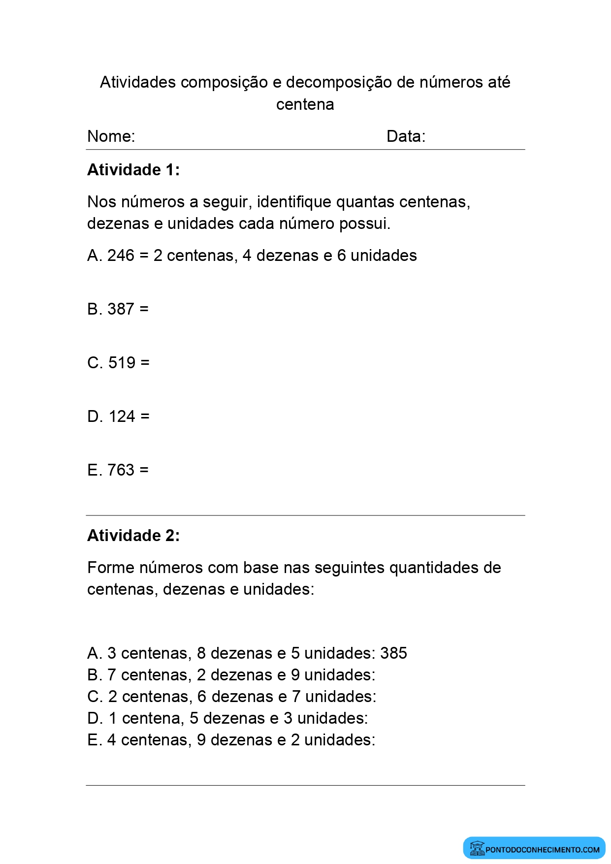 Atividades de divisão até dezenas - Ponto do Conhecimento