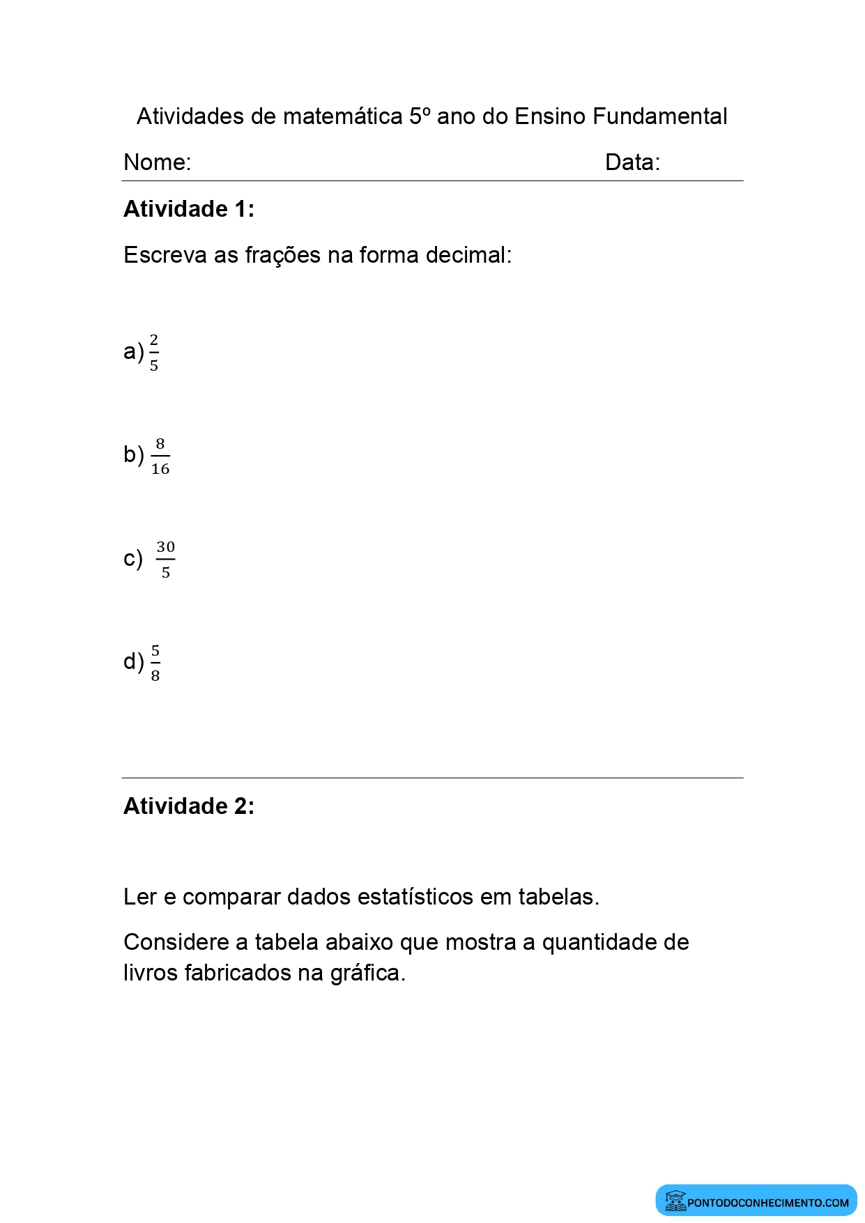 Atividades de Matemática 5° Ano para Imprimir