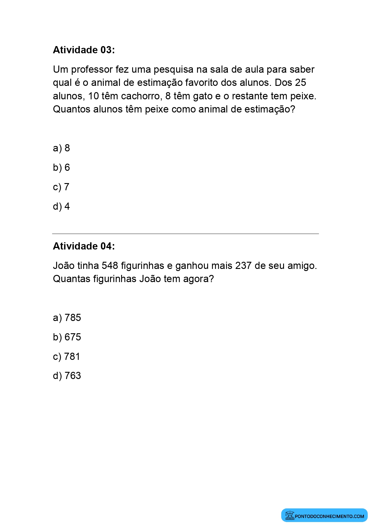 Avaliação Diagnóstica para o 4º Ano de Matemática