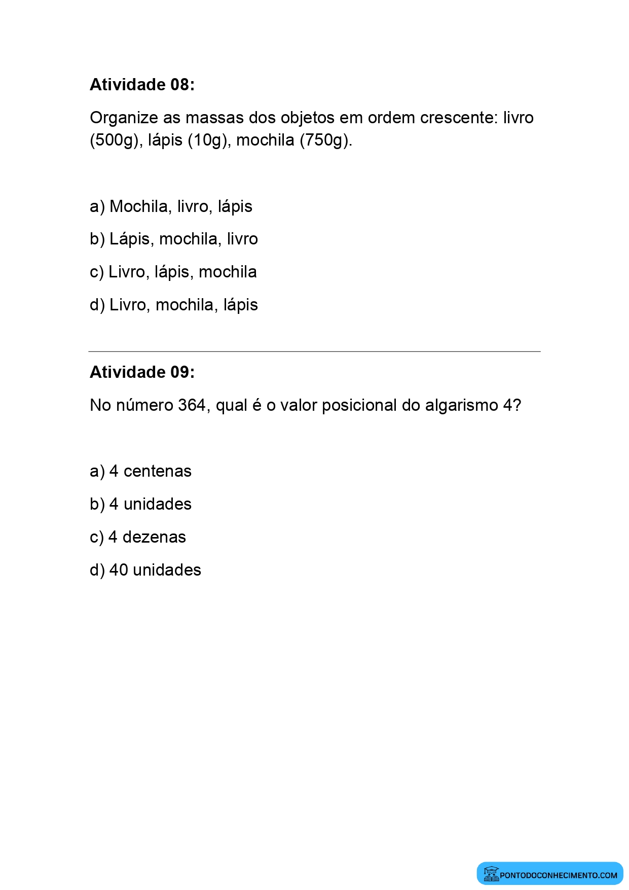 Atividade de matemática para o 4º Bimestre do 2º ano do ensino fundamental  - Ponto do Conhecimento