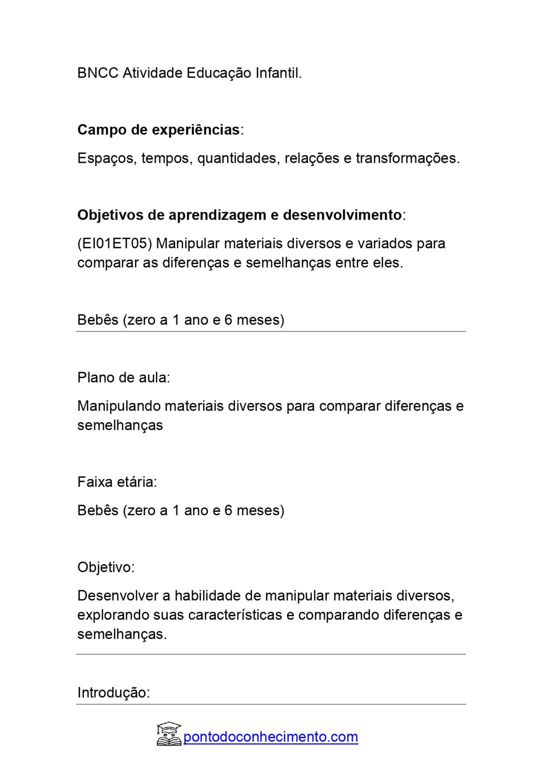 Plano De Aula Alinhado A BNCC EI01ET05: Manipular Materiais Diversos E ...