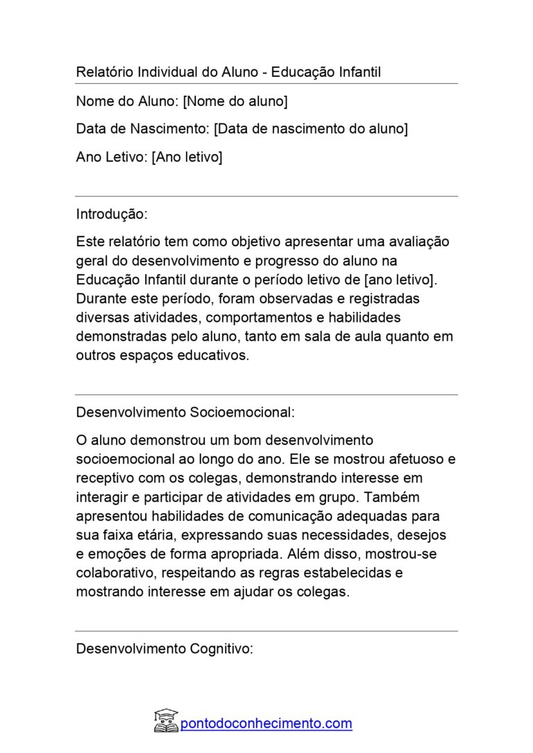 Relatório Individual Do Aluno Educação Infantil: Relatório Modelo ...