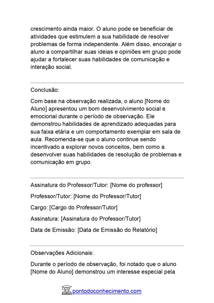 Relatório De Comportamento De Aluno Educação Infantil: Relatório Modelo ...