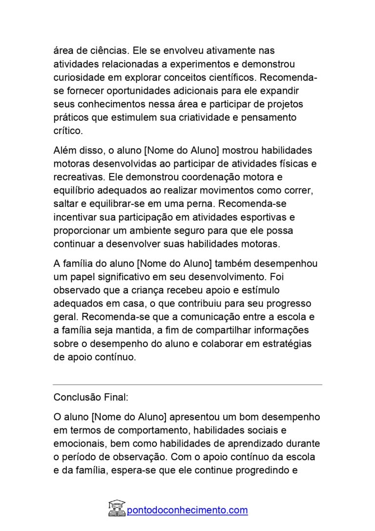 Relatório De Comportamento De Aluno Educação Infantil: Relatório Modelo ...