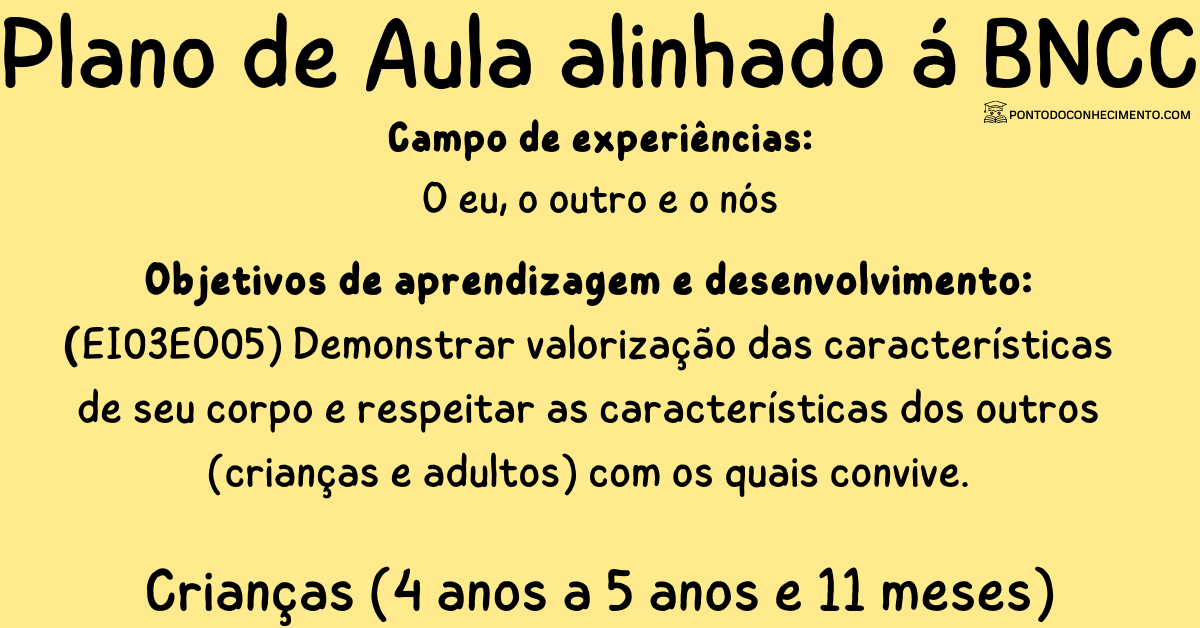 Você está visualizando atualmente Exercício Pedagógico EI03EO05: Demonstrar valorização das características de seu corpo e respeitar as características dos outros (crianças e adultos) com os quais convive.