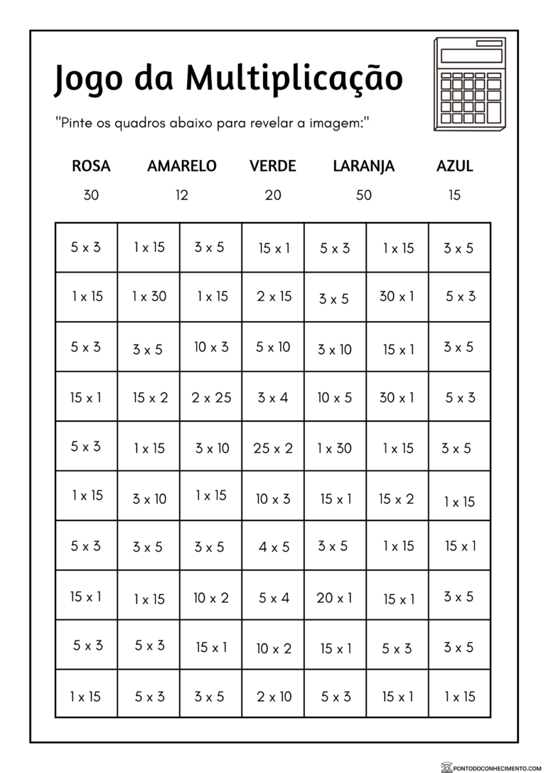 Jogo da Multiplicação com gabarito pronto para imprimir - Ponto do ...