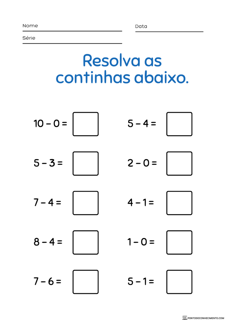 Exercício de subtração 2° ano pronto para imprimir - Ponto do Conhecimento