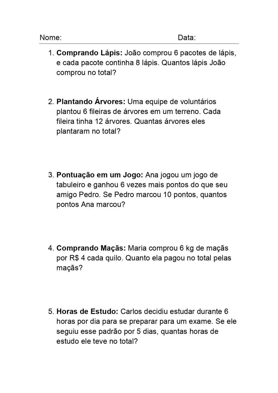 Atividades com situações problemas com multiplicador 6 pronto para ...