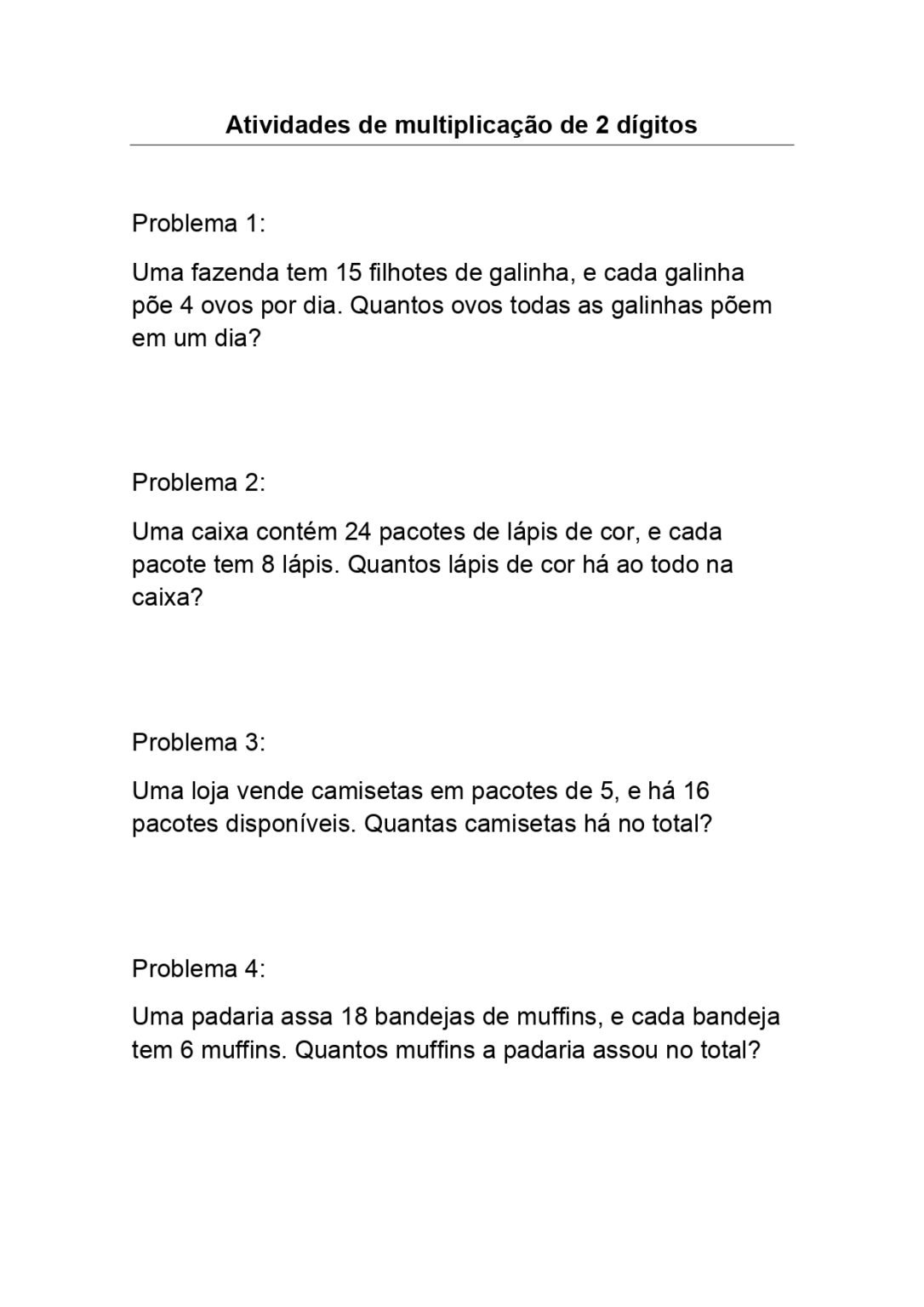 20 Atividades de situações problemas de multiplicação de 2 dígitos ...