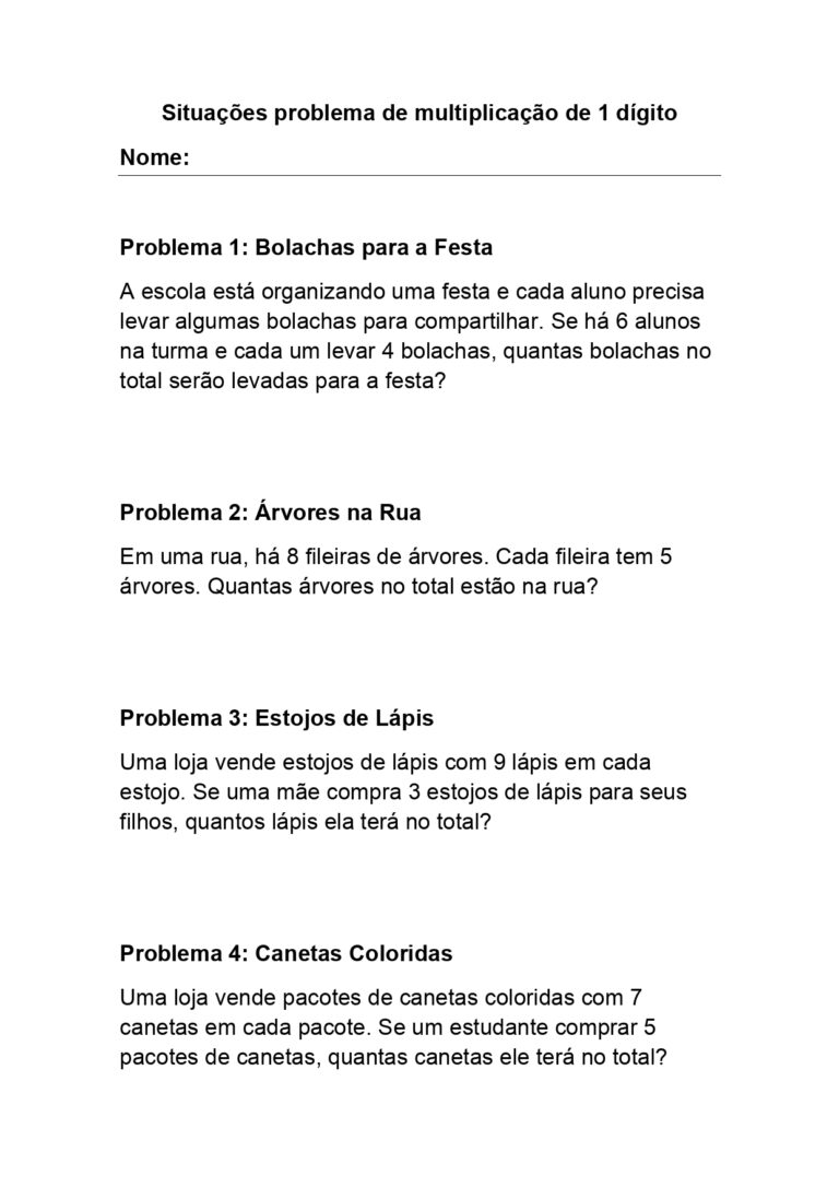 Situações Problema De Multiplicação De 1 Dígito Com Gabarito Pronto Para Imprimir Ponto Do 2910