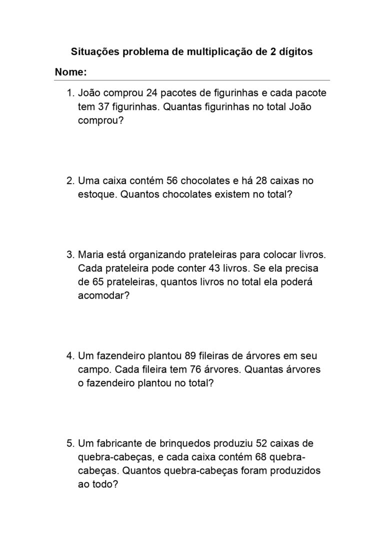 Situações problema de multiplicação de 2 dígitos com gabarito pronto ...