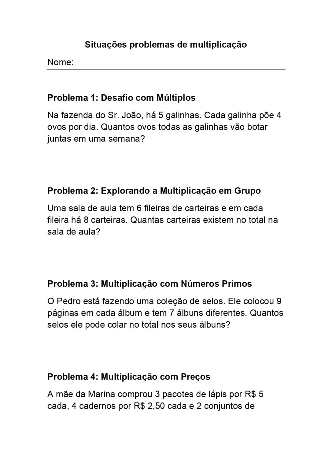 Situações problemas de multiplicação para 4º ano do ensino fundamental ...