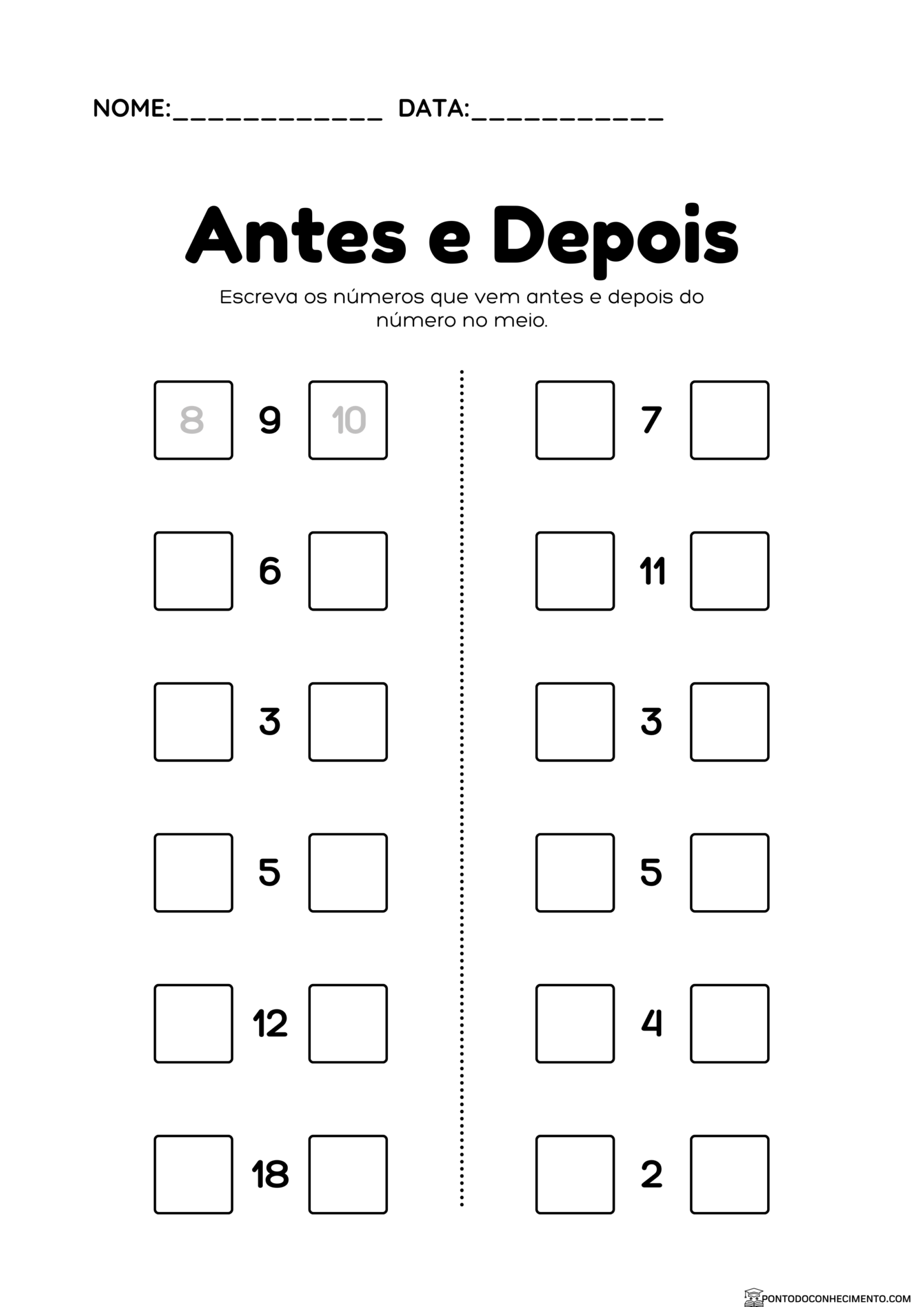 Atividade com números antes e depois - Ponto do Conhecimento