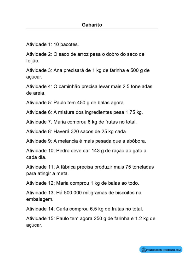 Atividades Com Medidas De Peso Com Gabarito - Ponto Do Conhecimento