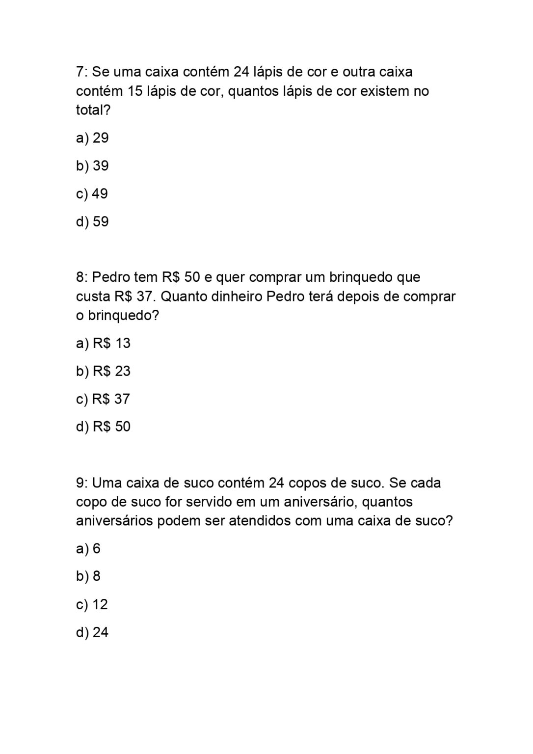 Atividade de Matemática 4° Ano Questões de Múltipla Escolha com ...