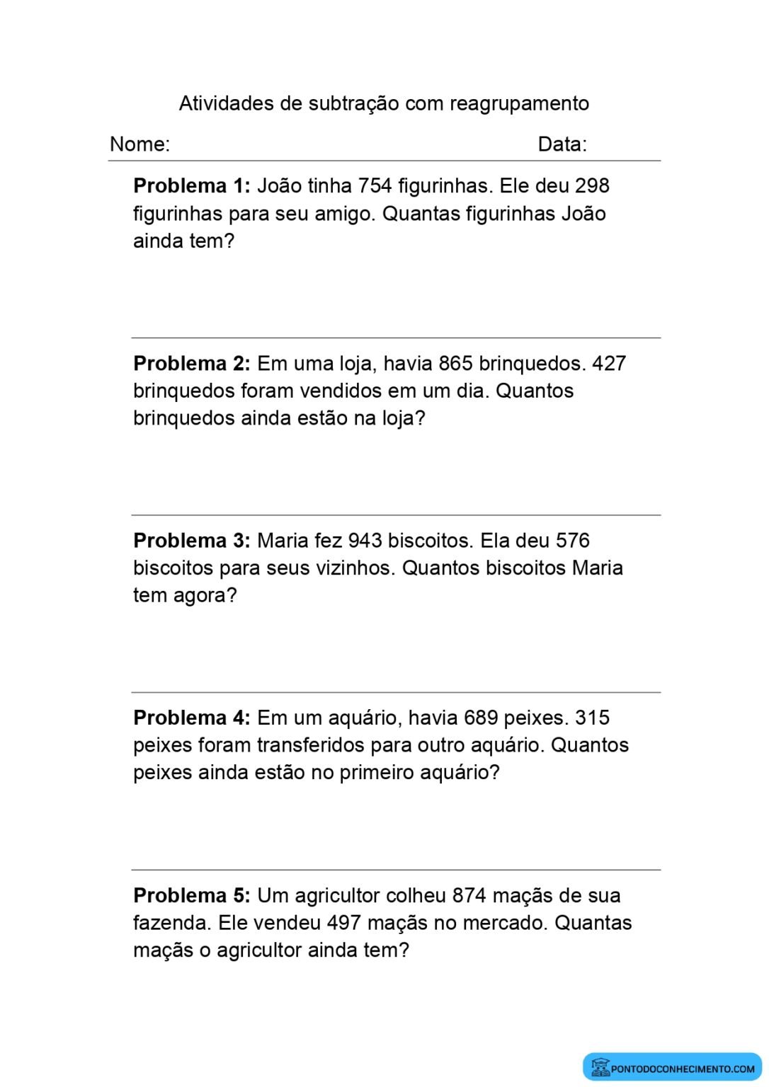 Atividades de subtração com reagrupamento - Ponto do Conhecimento