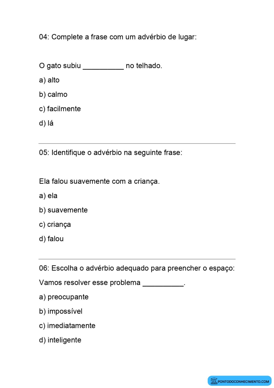 Atividades sobre advérbios - Ponto do Conhecimento
