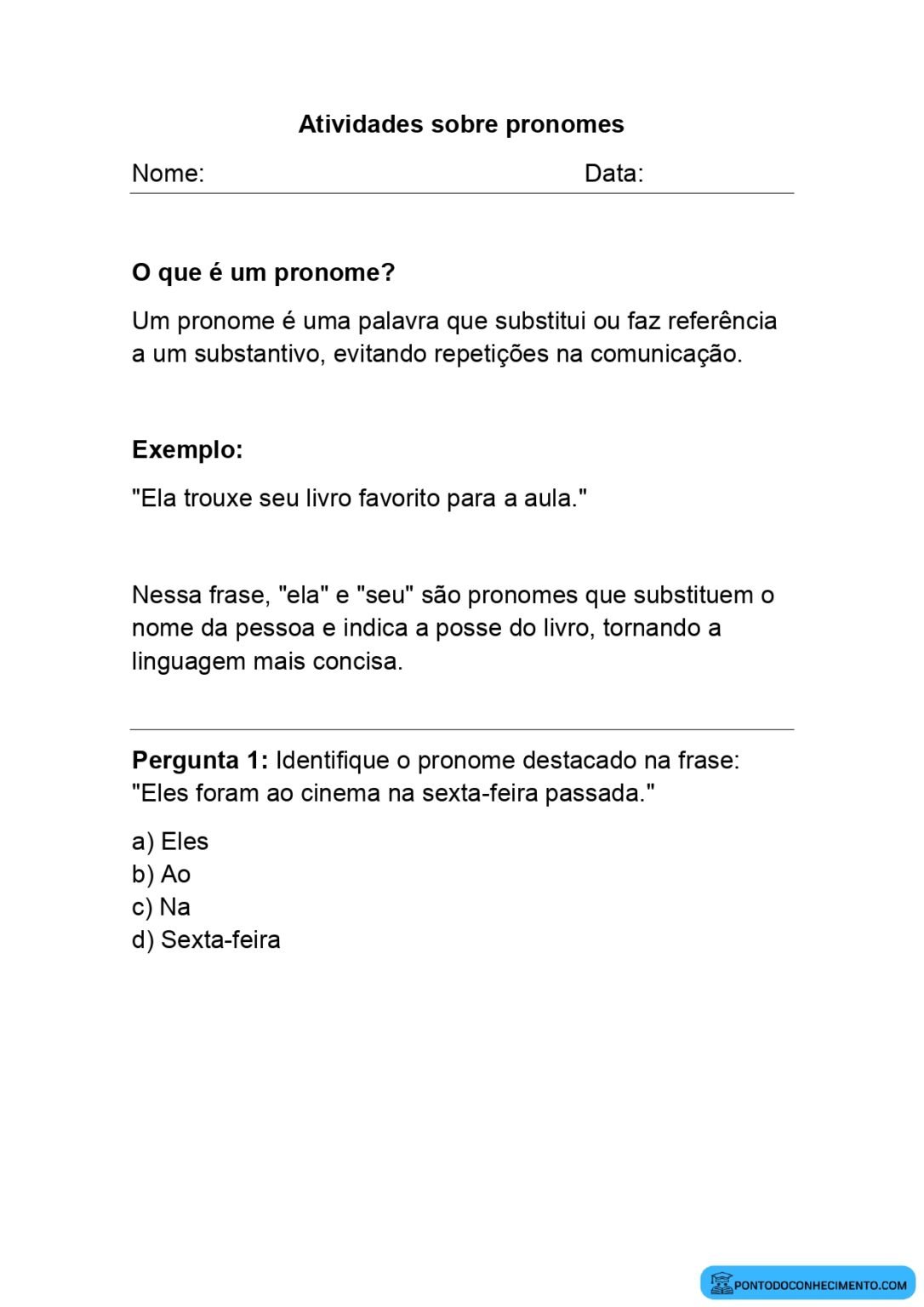 Atividades sobre pronomes - Ponto do Conhecimento