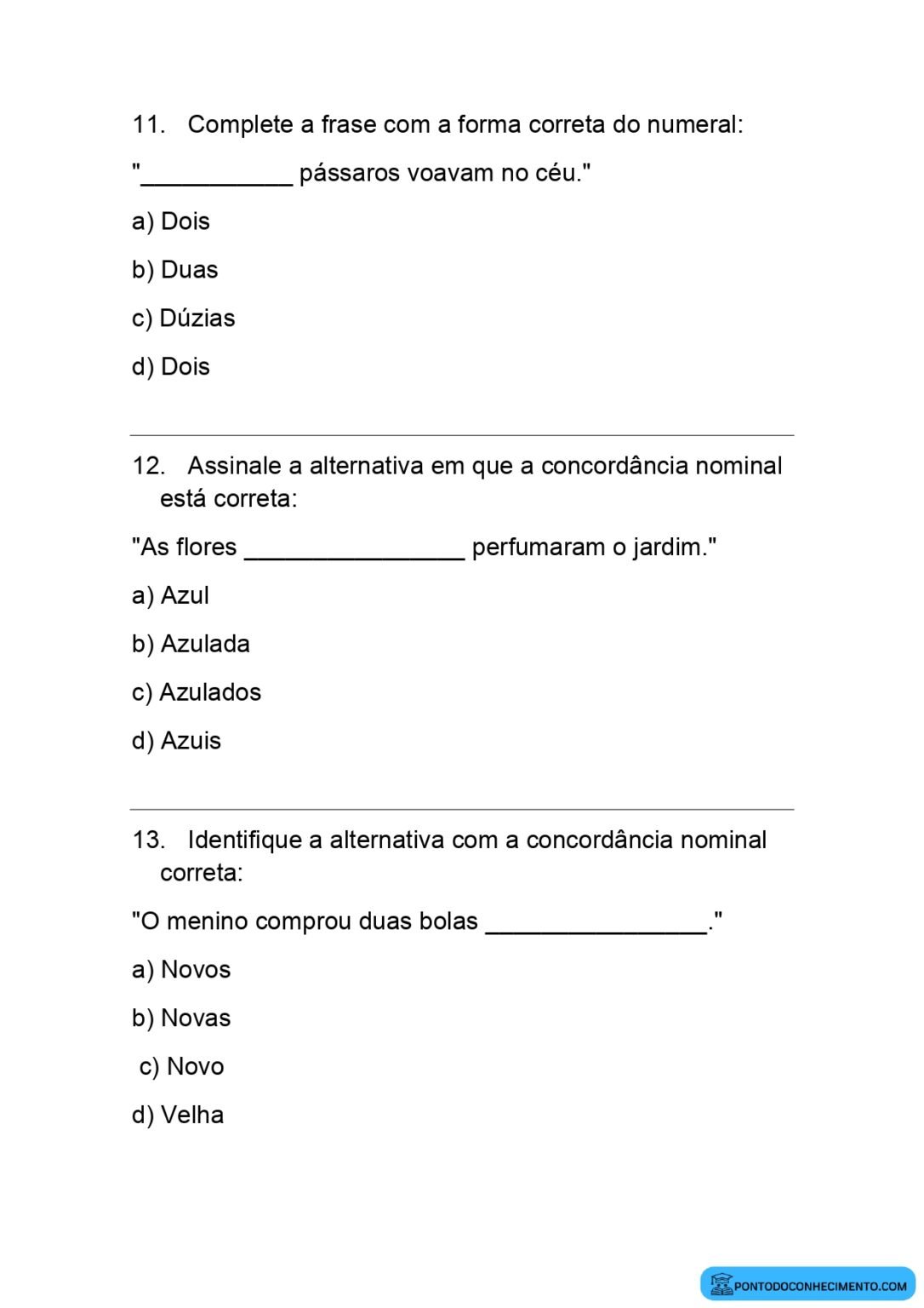 Atividades sobre concordância nominal - Ponto do Conhecimento
