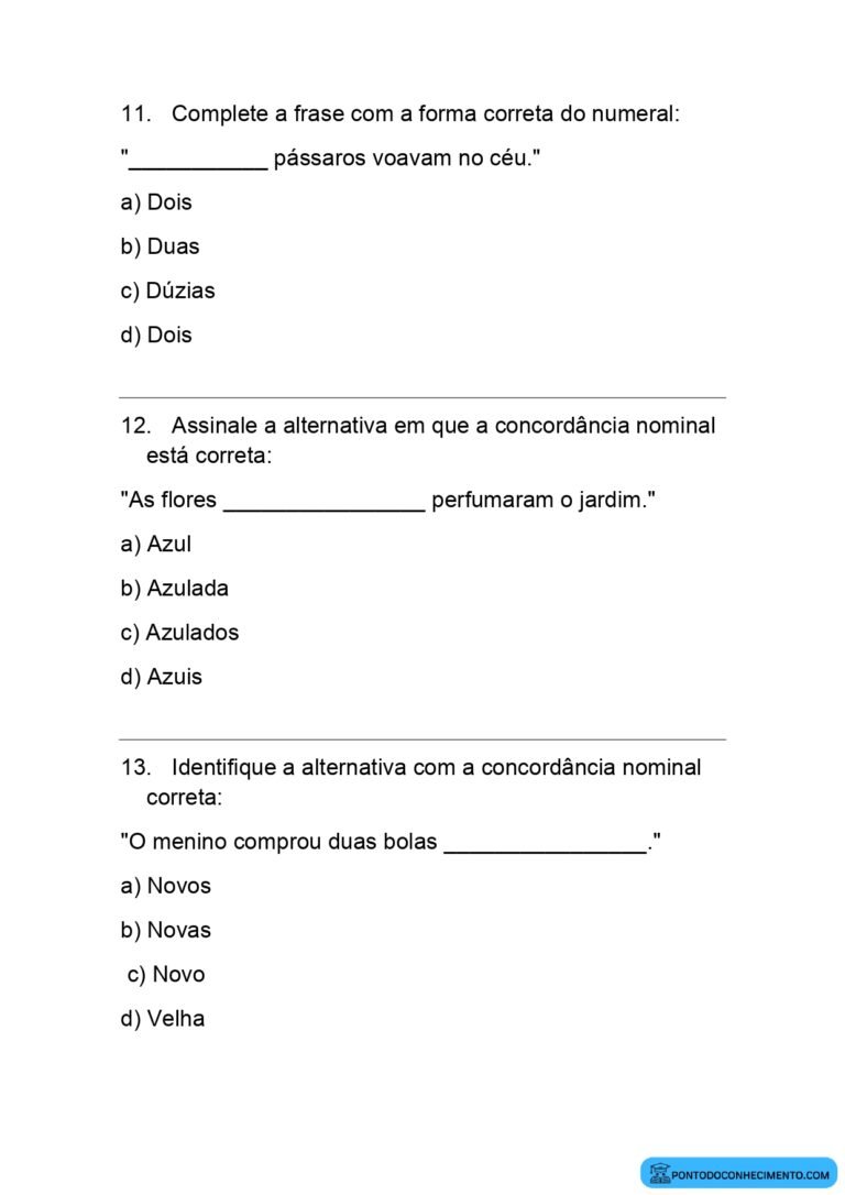 Atividades sobre concordância nominal - Ponto do Conhecimento