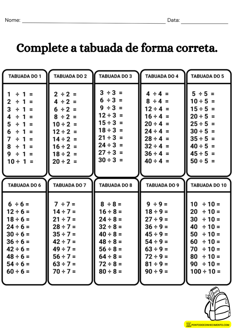 Atividade complete a tabuada de divisão - Ponto do Conhecimento