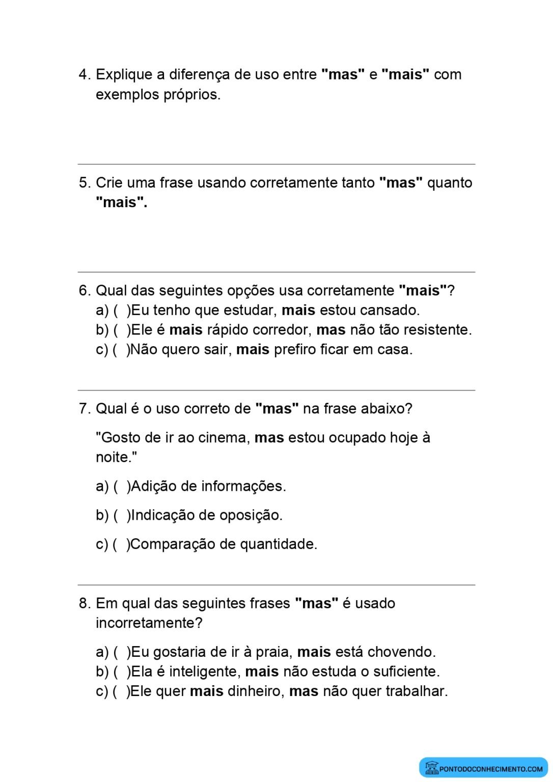 Atividades sobre o uso de mas e mais - Ponto do Conhecimento