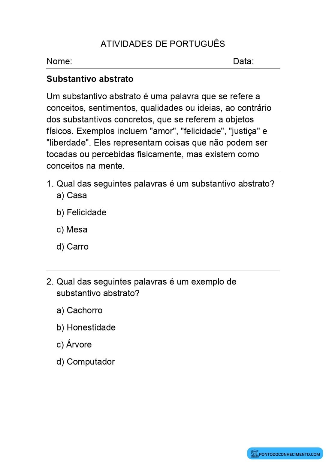 Atividades sobre substantivo abstrato - Ponto do Conhecimento
